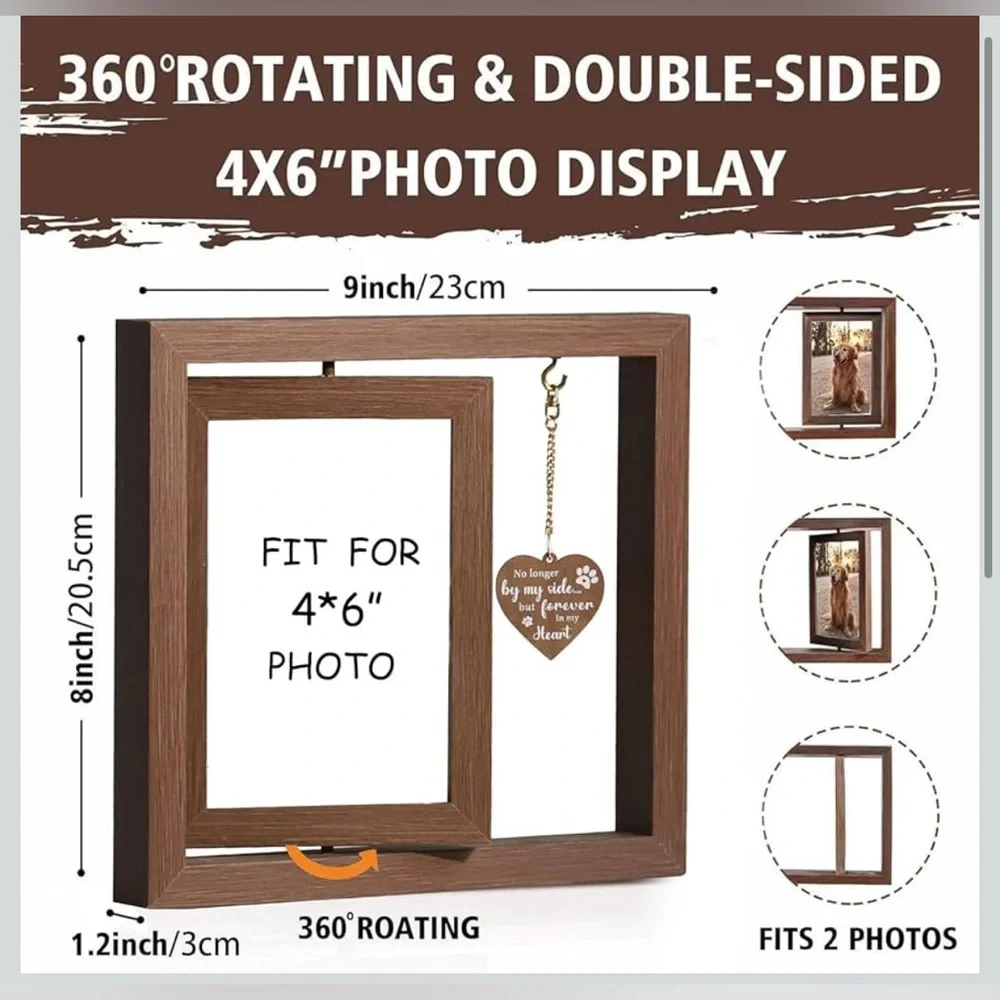 Pet Memorial 4x6 Rotating Photo Frame – Double-Sided Wooden Keepsake (NIB)